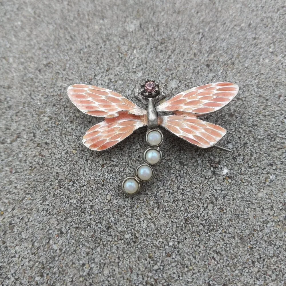 Gerard Yosca Brooch Figural  Vintage Enamel Dragonfly in Silver, Orange + White